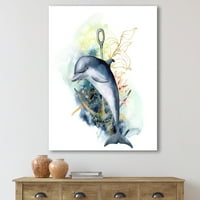 Линеарни растенија со корални гребени и делфин желка за сликање на платно за платно уметничко печатење